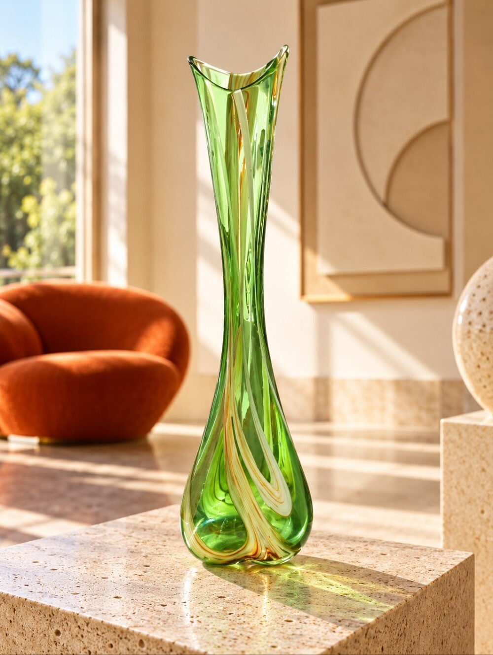 Vintage Japanese Swung Art Glass Vase Green Orange White MCM 14.5"